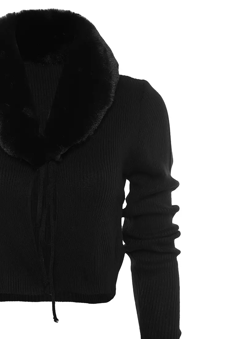 Faux Fur Collar Knitted Cardigan