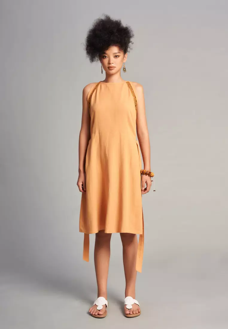 Light Orange Linen Midi Dress