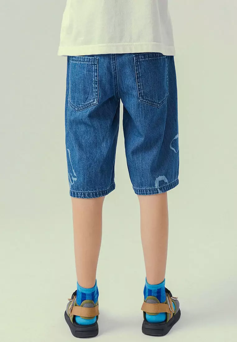 Denim Shorts With Letter And Graphic Print