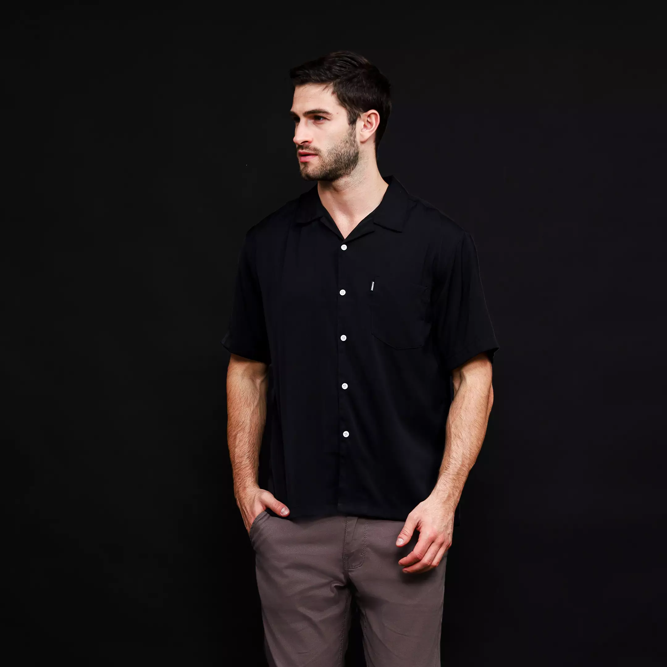 Rayon Collar Kemeja Pendek Polos Black