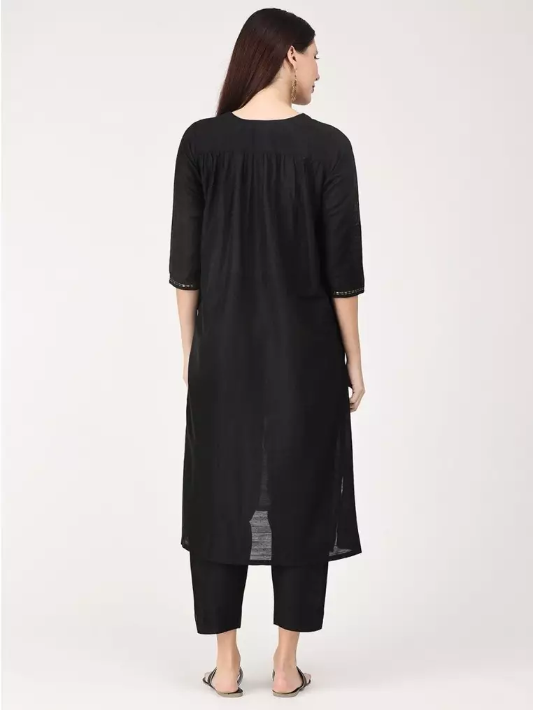 Ebony Embroidered Maternity and Nursing Silk Kurta Set - Black