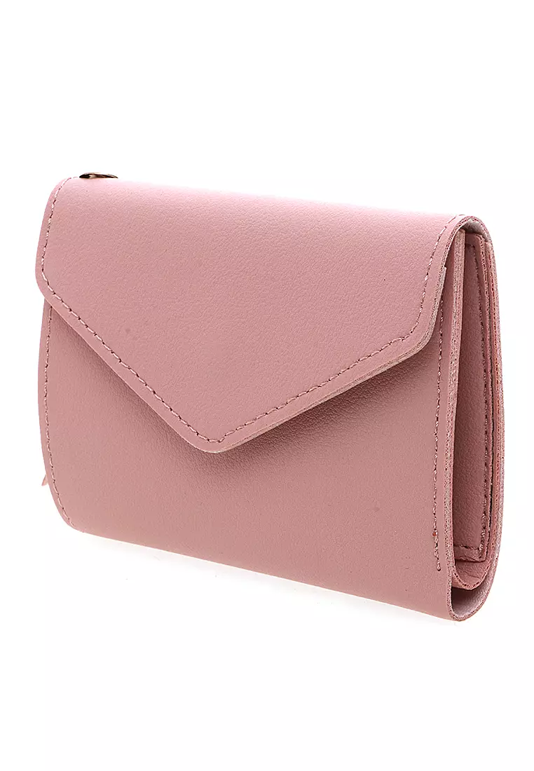 Dompet Wanita Aksen Rumbai Motif Solid Design Pastel Detail Kancing Snap - Pink Muda