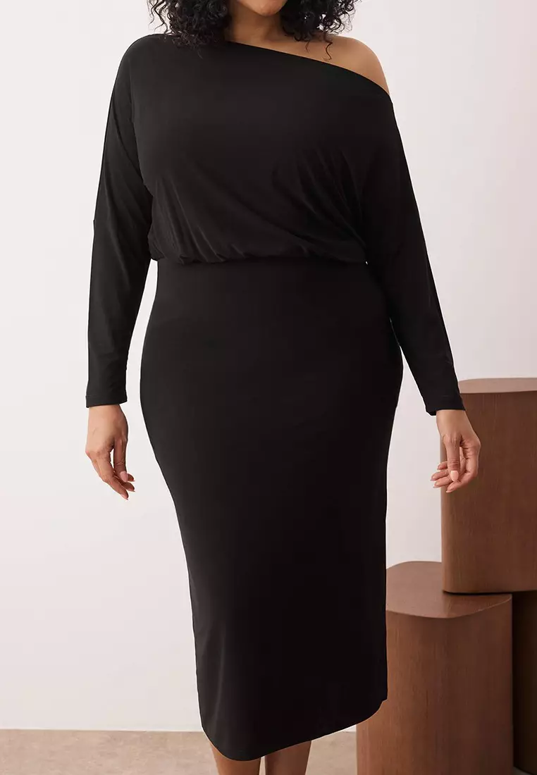 Black Straight Asymmetric One Sleeve Waist Seat Stretch Midi Knitted Dress Tbbaw26Ah00018
