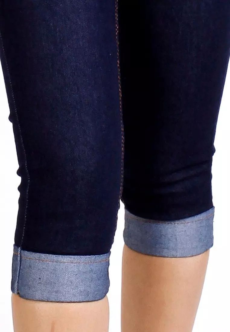 Celana Wanita 7?/?8 Jeans Stretch Mid Waist Kali Lipat Stik Balik - Biru Dongker