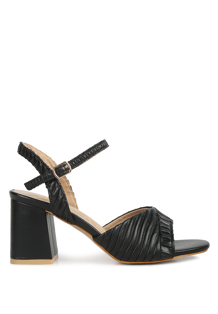 Black Pleated Strap Block Heel Sandals