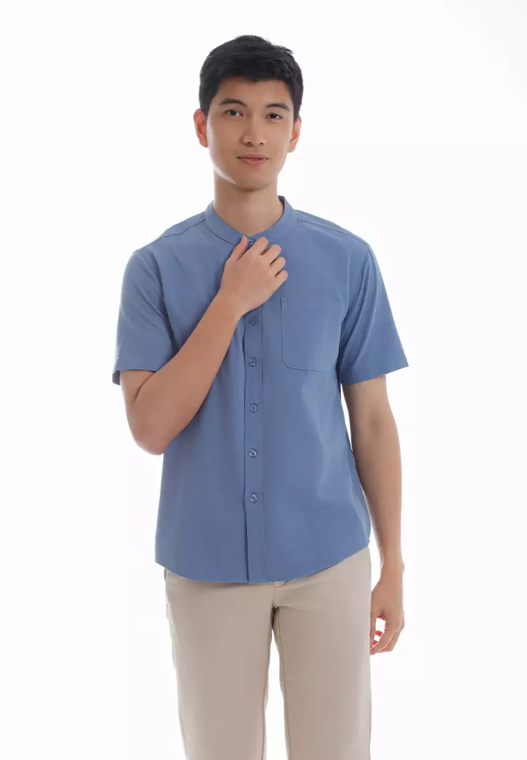 Forest Woven Mandarin Collar Short Sleeve Men Shirt | 621405-31Blue