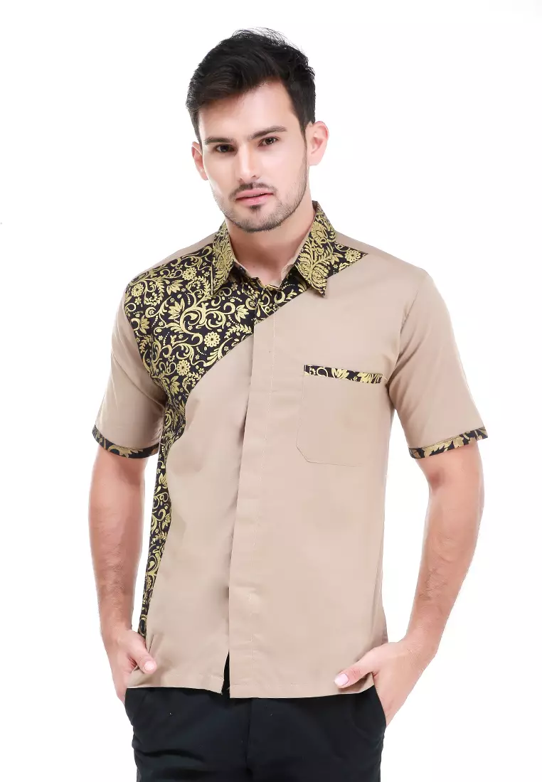 Dwan Kemeja Batik Pria Right Side Atasan Formal Shortsleeve Shirt Material Cotton ORIGINAL - Cream