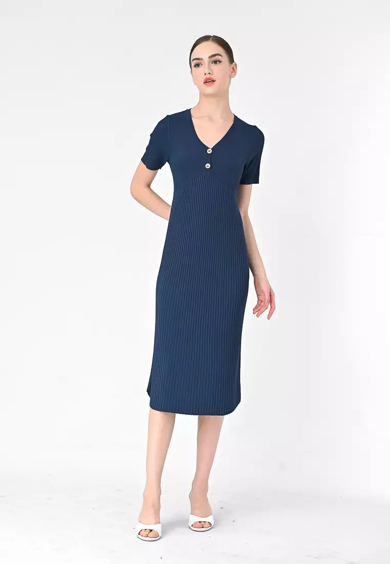 V领针织褶皱中长裙