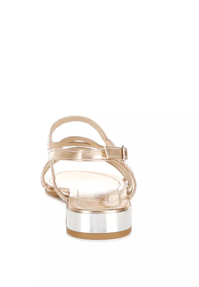 Sandal Datar Berlian Imitasi Detail Potongan Warna Emas Mawar