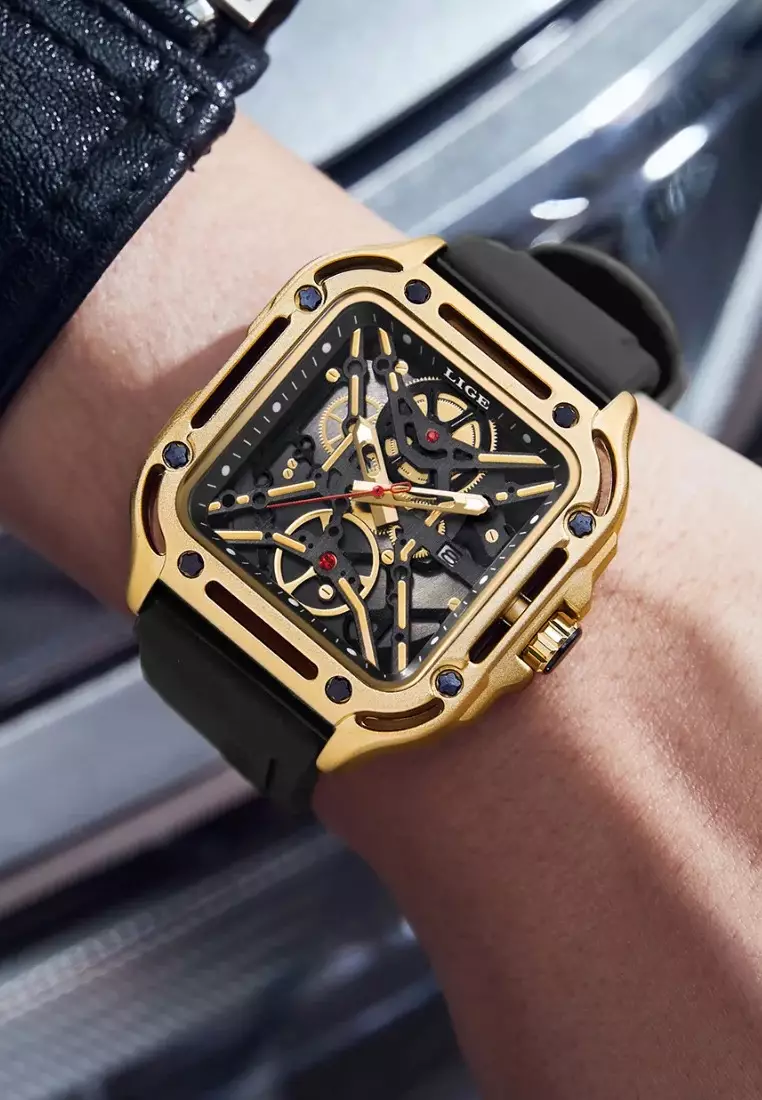 Unisex See Through Dial Square Quartz Watch 45mm, Black Rubber Strap