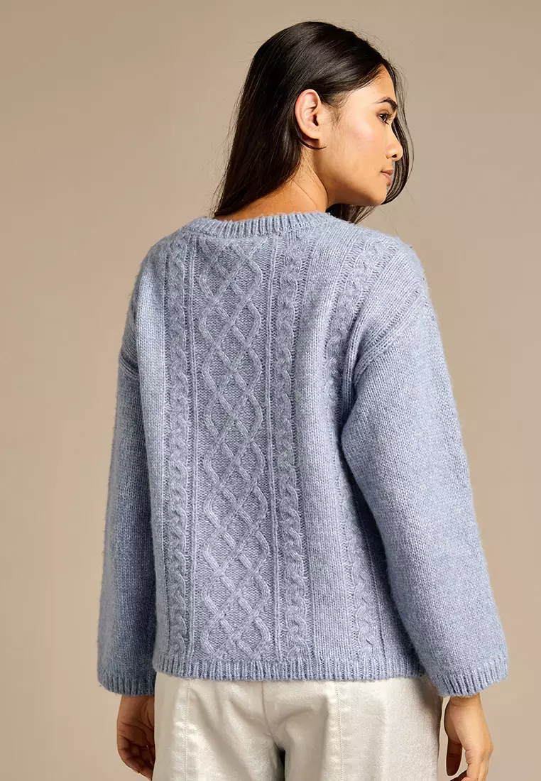 Jerica Blue Wool Cable Knit Diamante Jumper