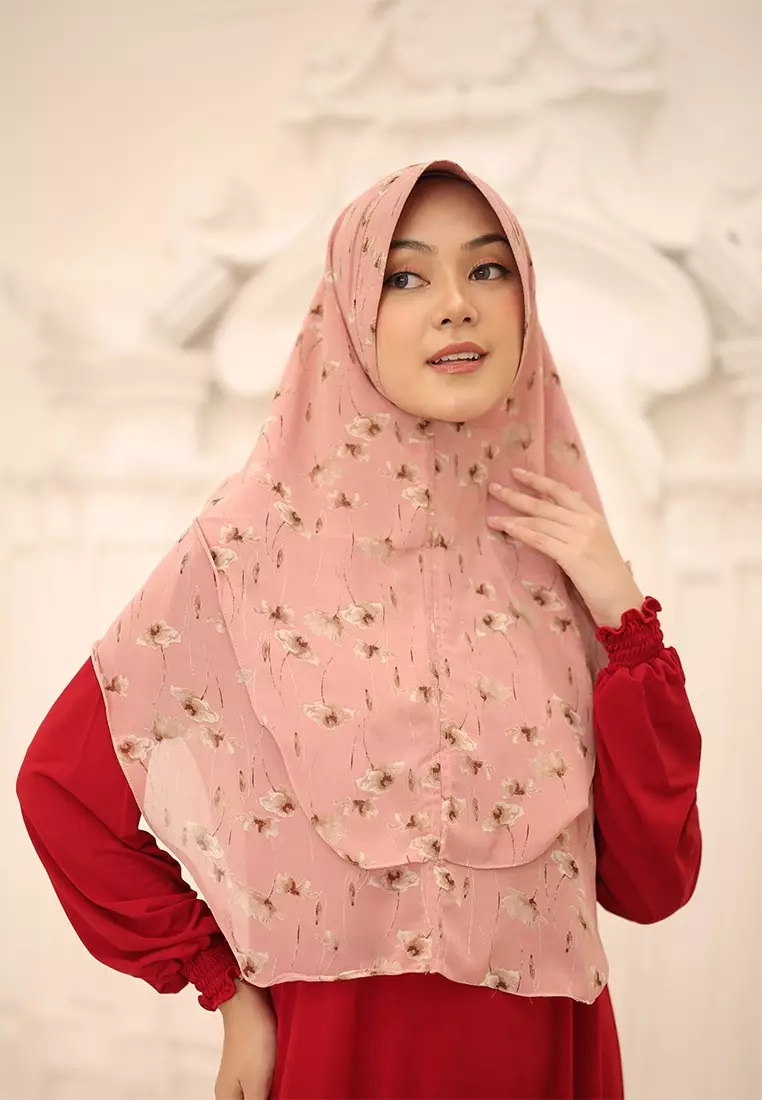 Fayra Khimar Motif Bergo | Hijab Motif Instan -  Blush Bloom