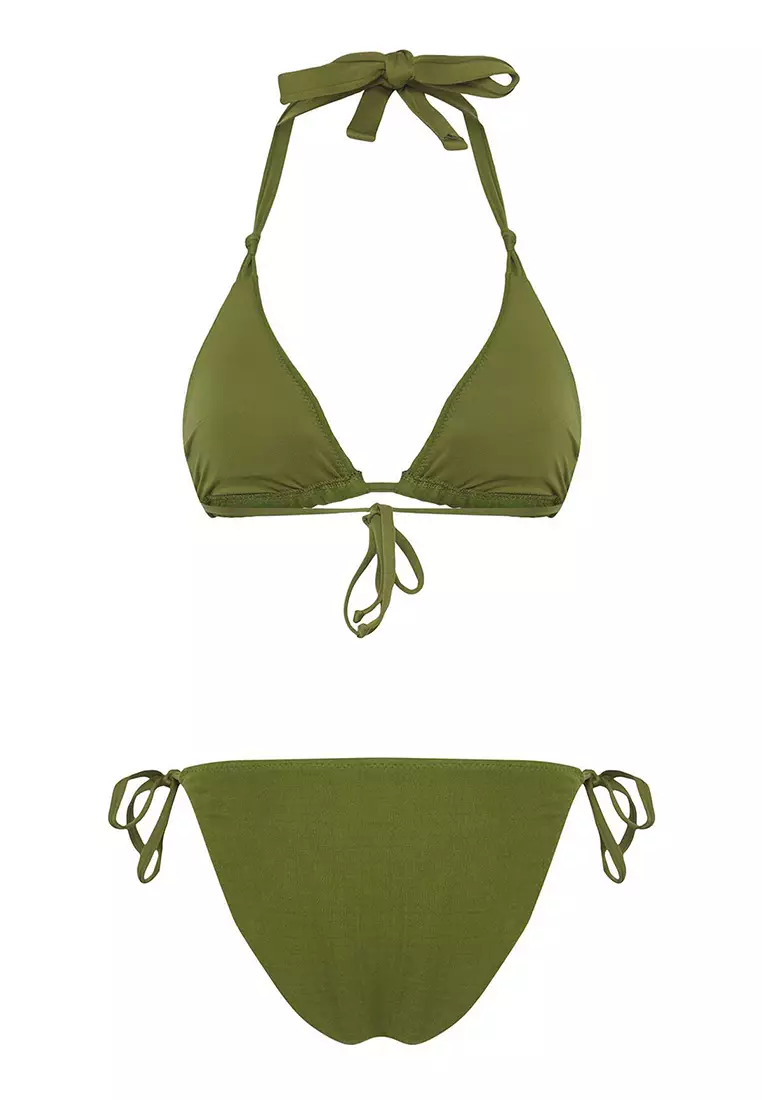 Khaki Plain Triangle Muslin Normal Waist Bikini Set