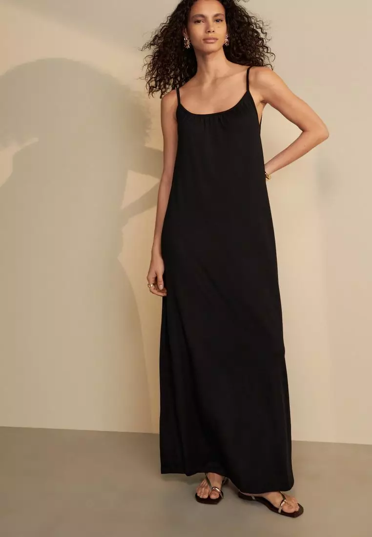 Maxi Length Trapeze Shape Ruched Neckline Thin Vest Strap Dress