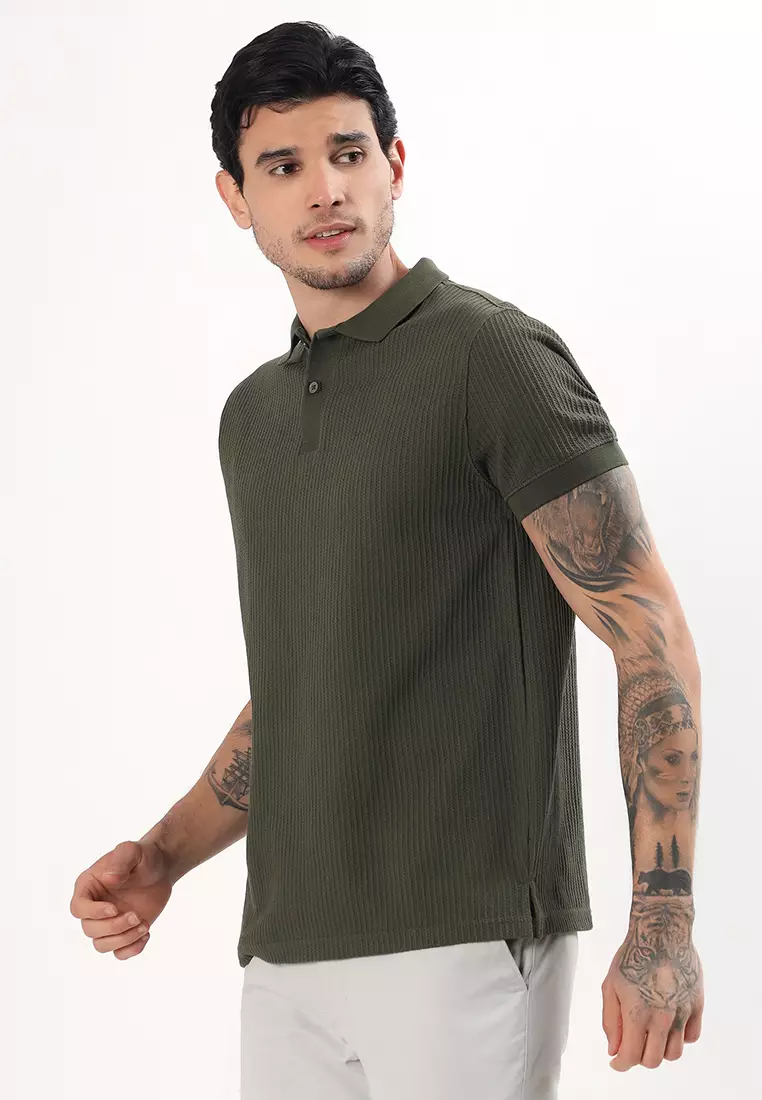 Mens Short Sleeve Textured Fabric Olive Cotton Polo Shirt/T-shirt, Short Sleeve,Sports-Casual, Activewear