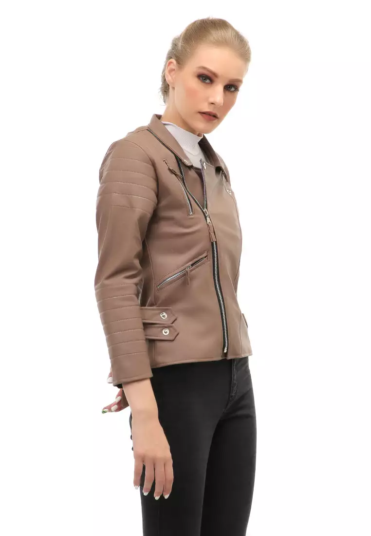 Glenice Jacket Outer Wanita Lengan Panjang Windproof Zipper Pocket Material Leather ORIGINAL - Mocca
