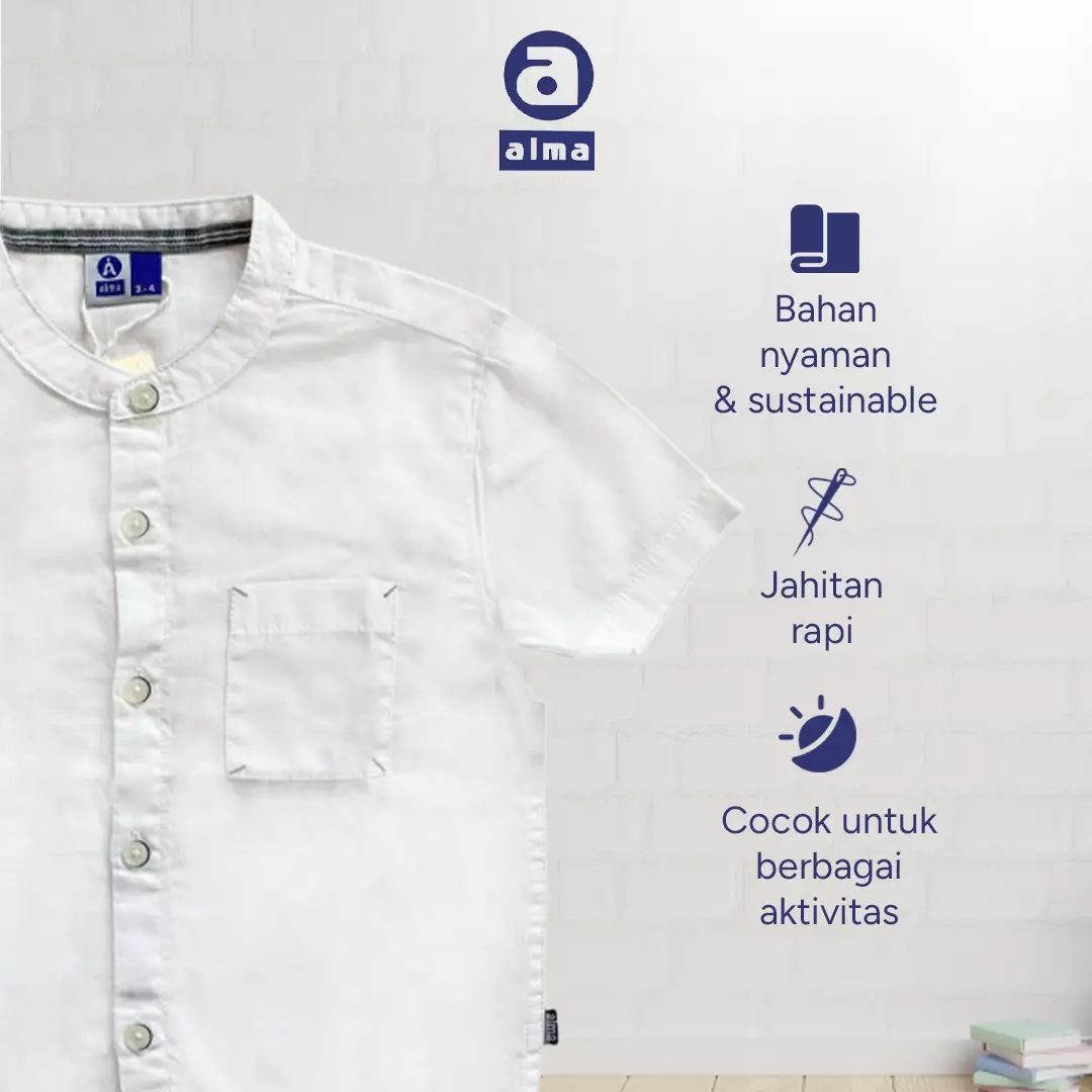 Alma Kids Kemeja Henley koko putih full cotton kerah bundar