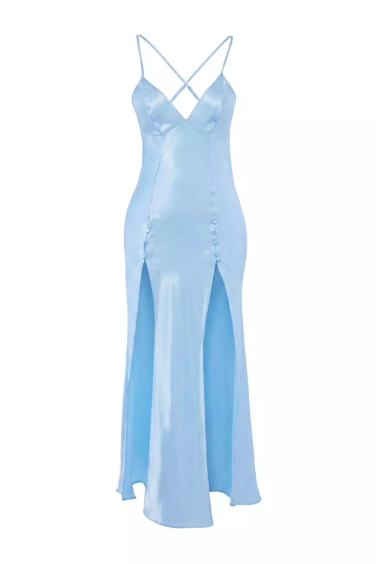 Blue Slit And Button Detailed Strap Satin Woven Nightgown Thmaw26Gc00000