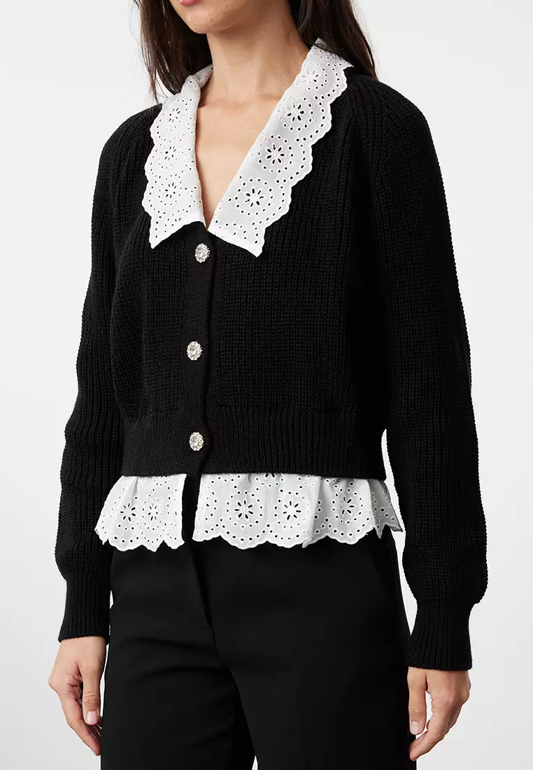 Black Crop Woven Garni Detailed V Neck Knitwear Cardigan TWOAW24HI00221