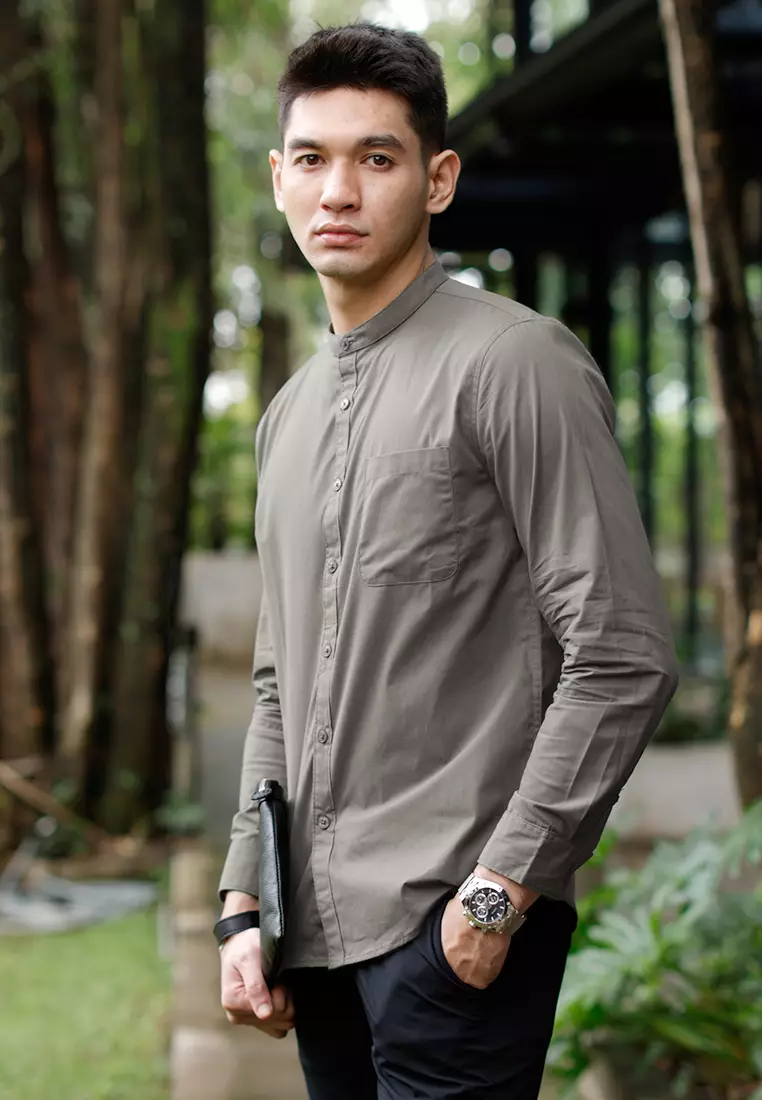 Oxcon Collarless Long Sleeve Business Shirt soft cotton Mid Grey