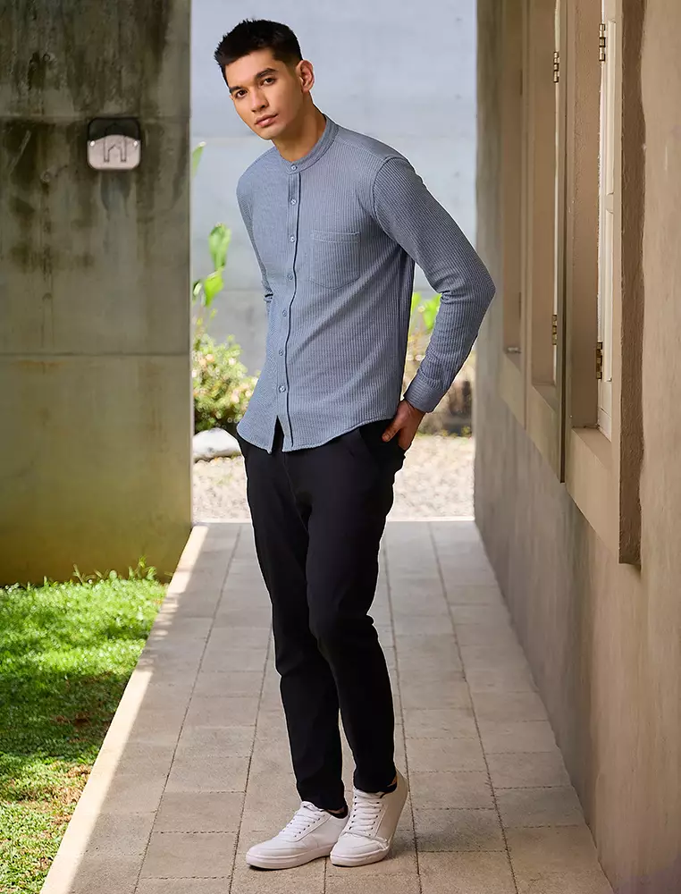 OXCON kemeja Tangan Panjang Waffle Kerah Collarless Blue Grey