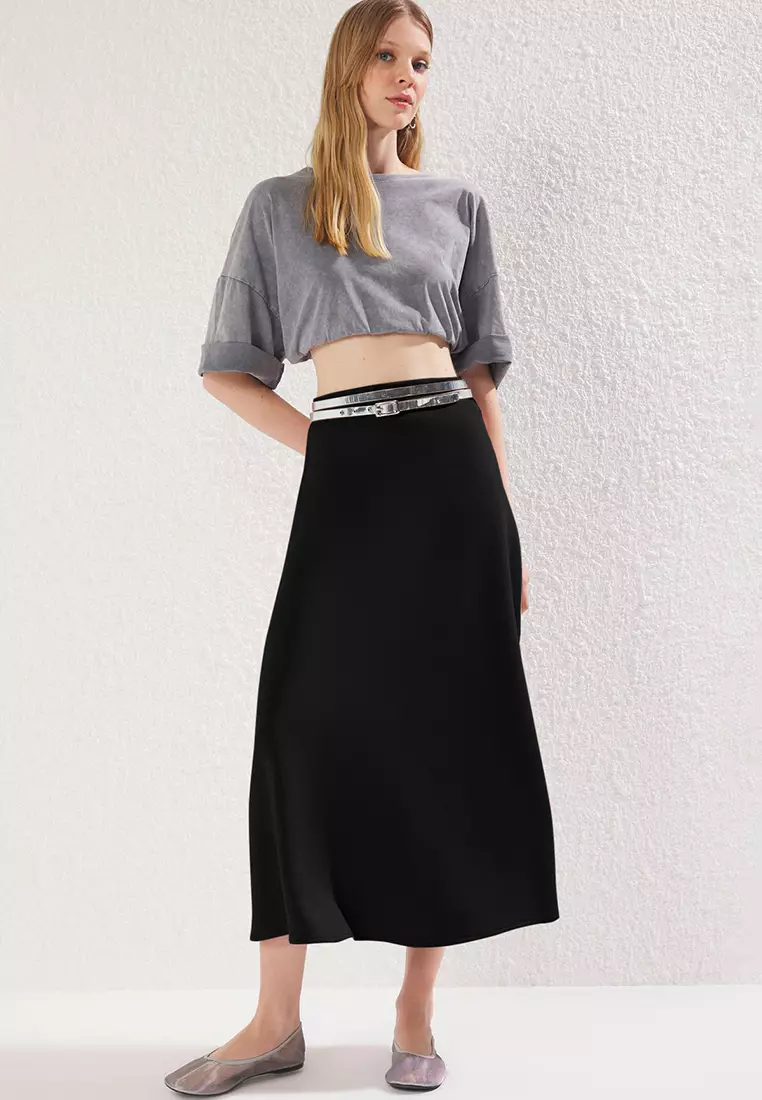 Black A Line/Flare Cut Midi Skirt