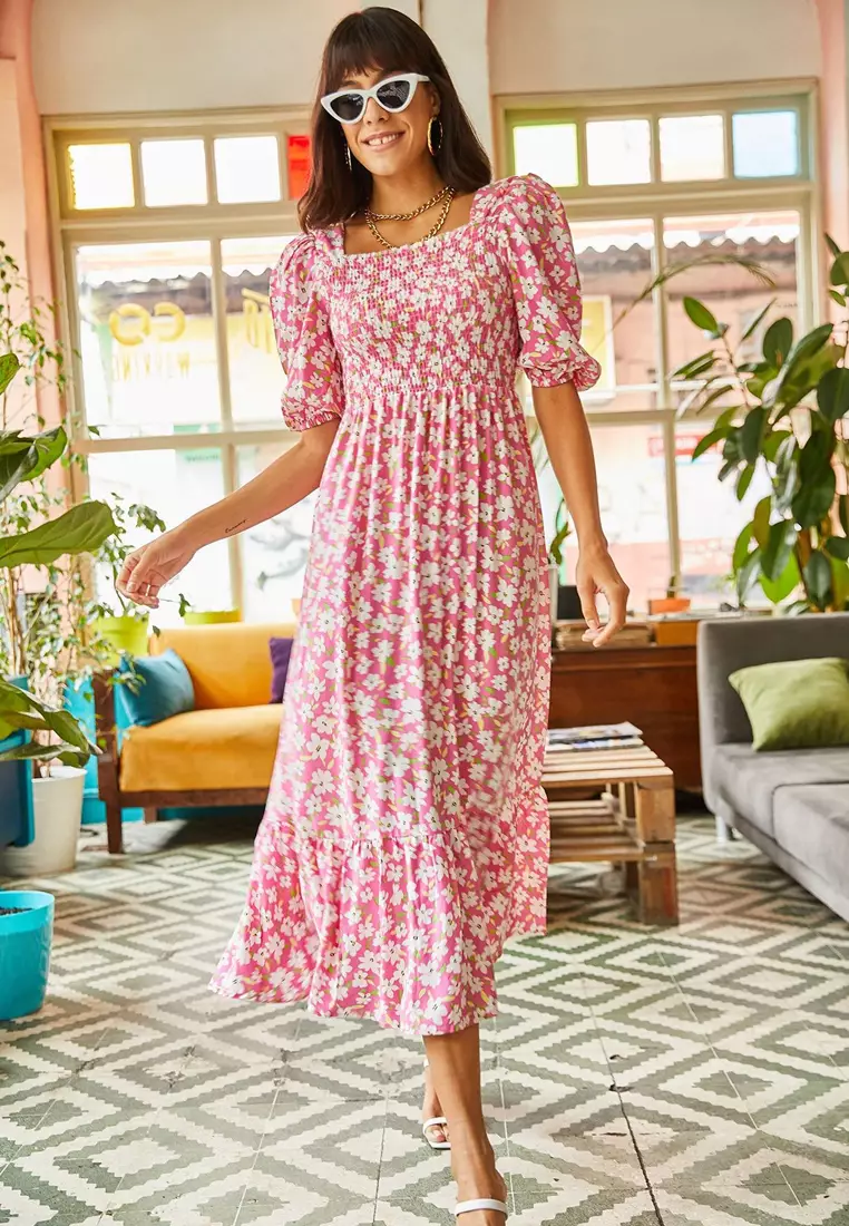 Floral Shirring Midi Dress