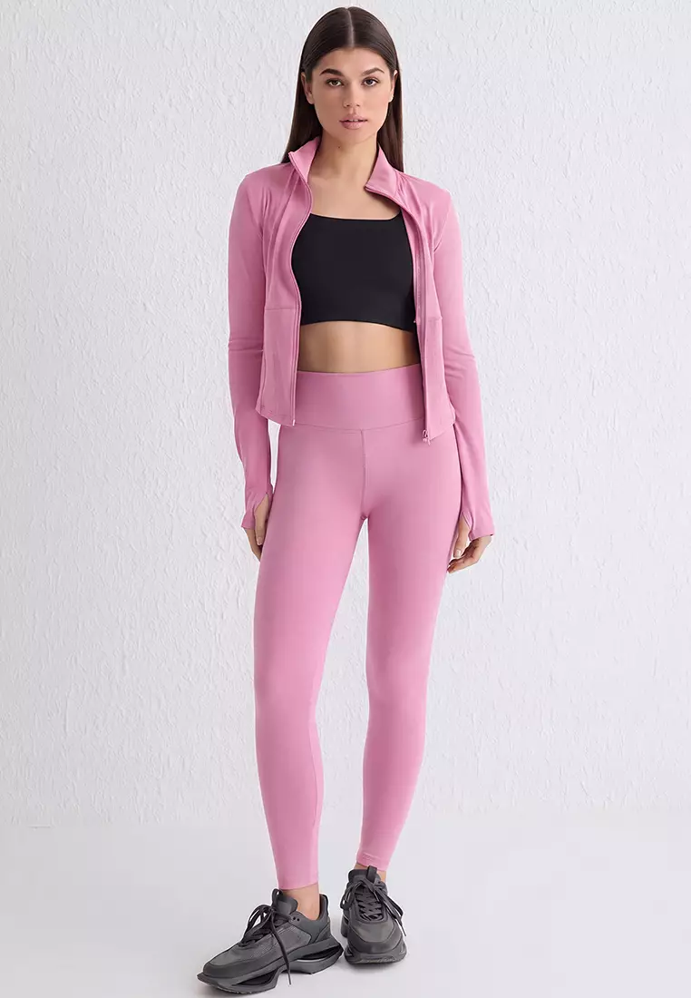 Pink Soft Brushed Fabric Reflector Print Detailed Full Length Knitted Sports Leggings Thmaw25Ty2