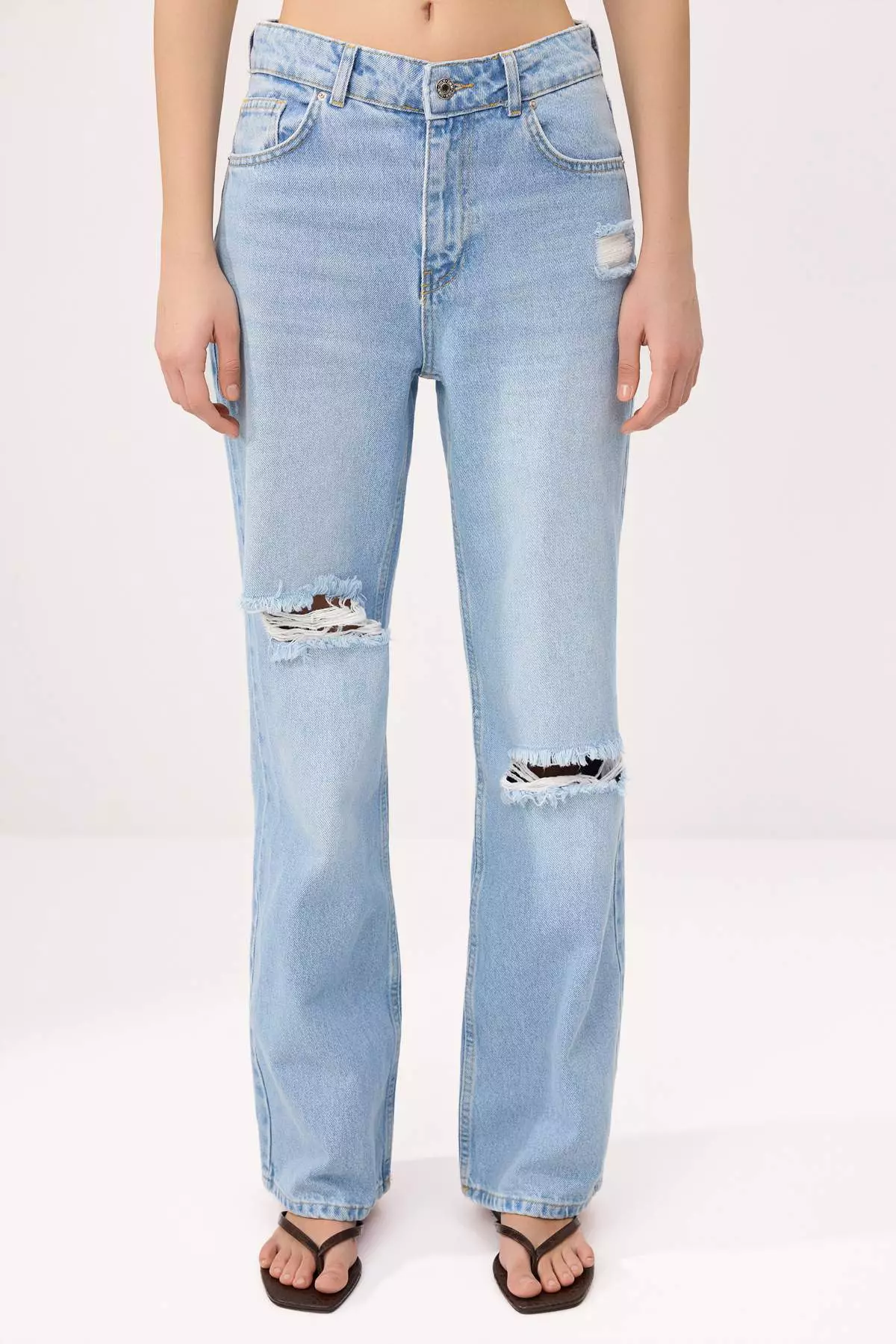 Blue Ripped Detailed High Waist Wide Leg Jeans Twoss26Je264