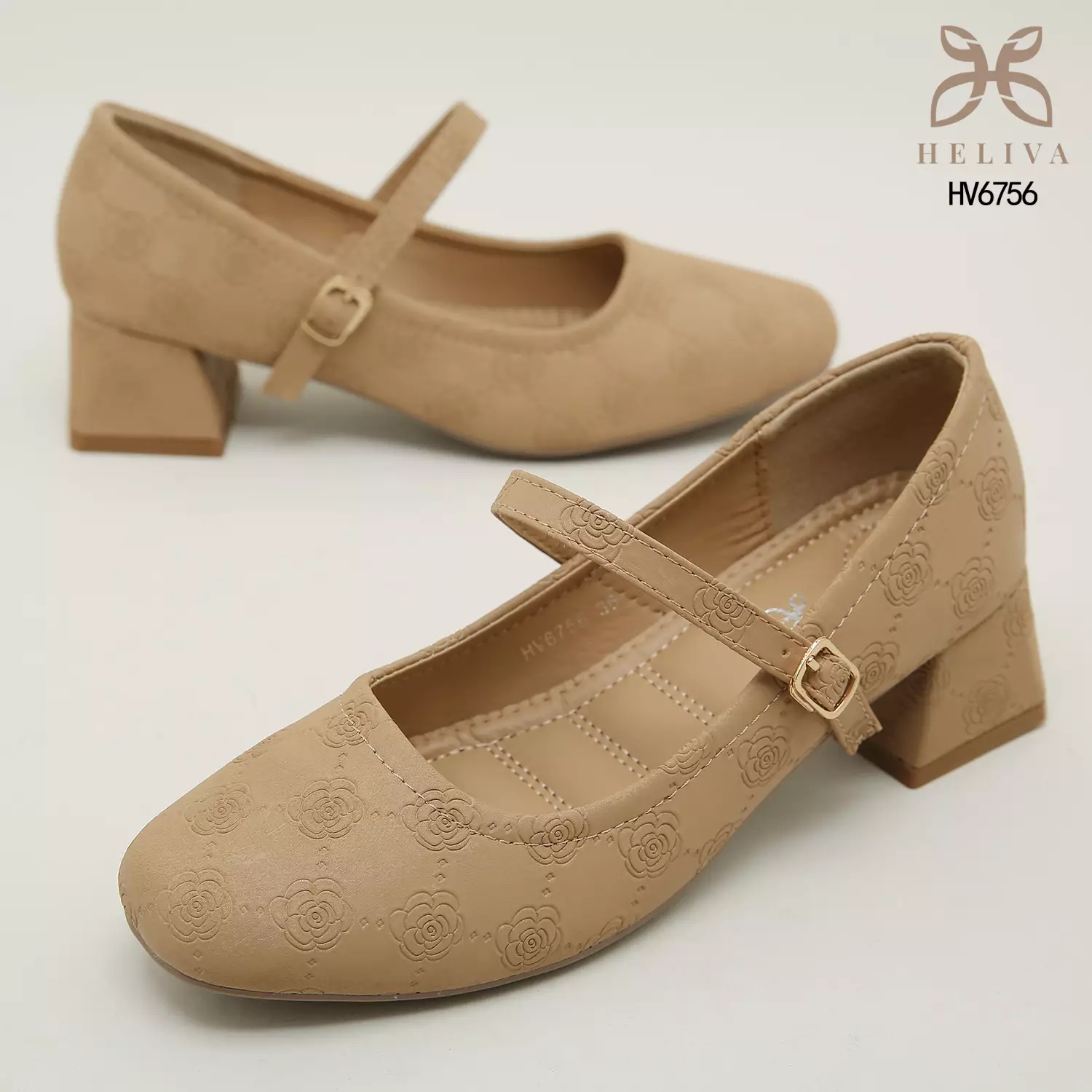 Heliva Kimmy Marry Jane Shoes Heels Chunky Embossed Flower Sol 5cm