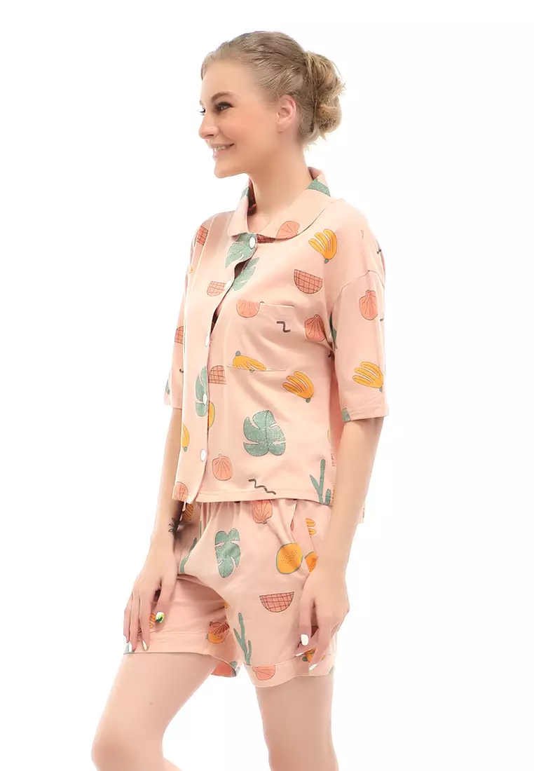 Vance Setelan Piyama Baju Tidur Wanita Celana Pendek Hotpant Motif Cactus Material Spandex ORIGINAL - Pink