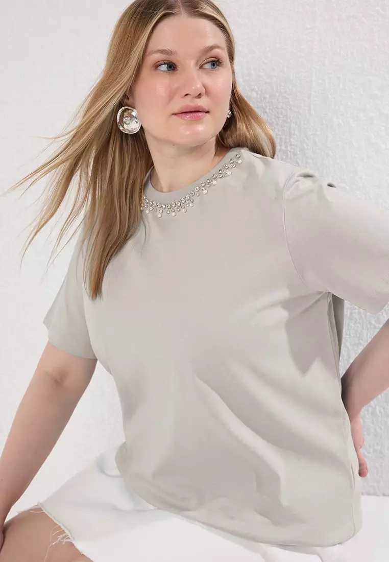 Stone Collar Stoned Boyfriend Fit 100% Cotton Knitted Plus Size T-Shirt Tbbss25Bf00021