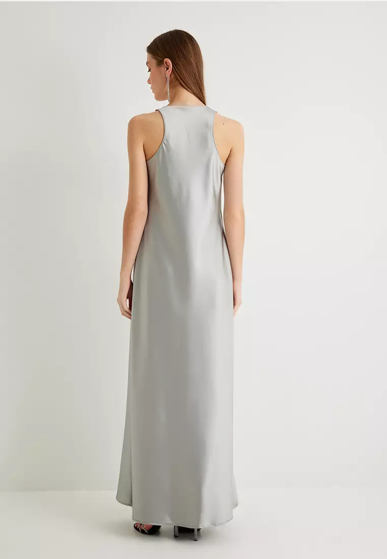 Long Satin Halter Neck Sleeveless Dress