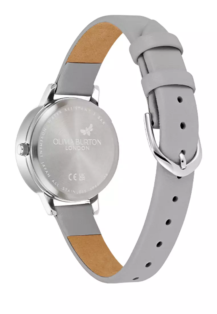 Olivia Burton 3D Flower Tonal Dial Grey Leather SS Strap 30mm - 24000223