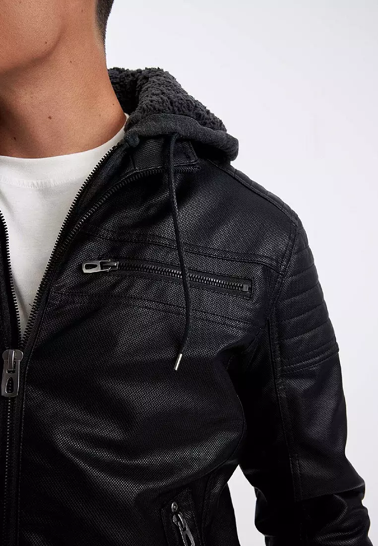 Hooded Faux Leather Jacket