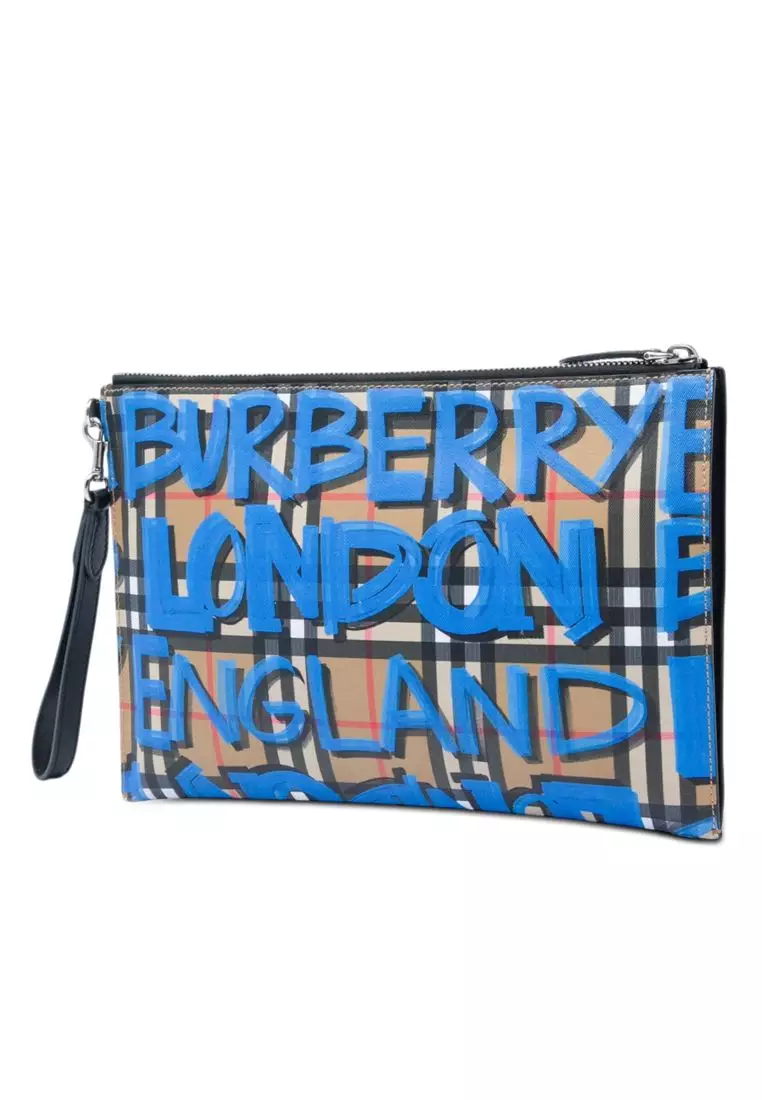 Pre-Loved Burberry House Check Canvas Graffiti Zip Pouch
