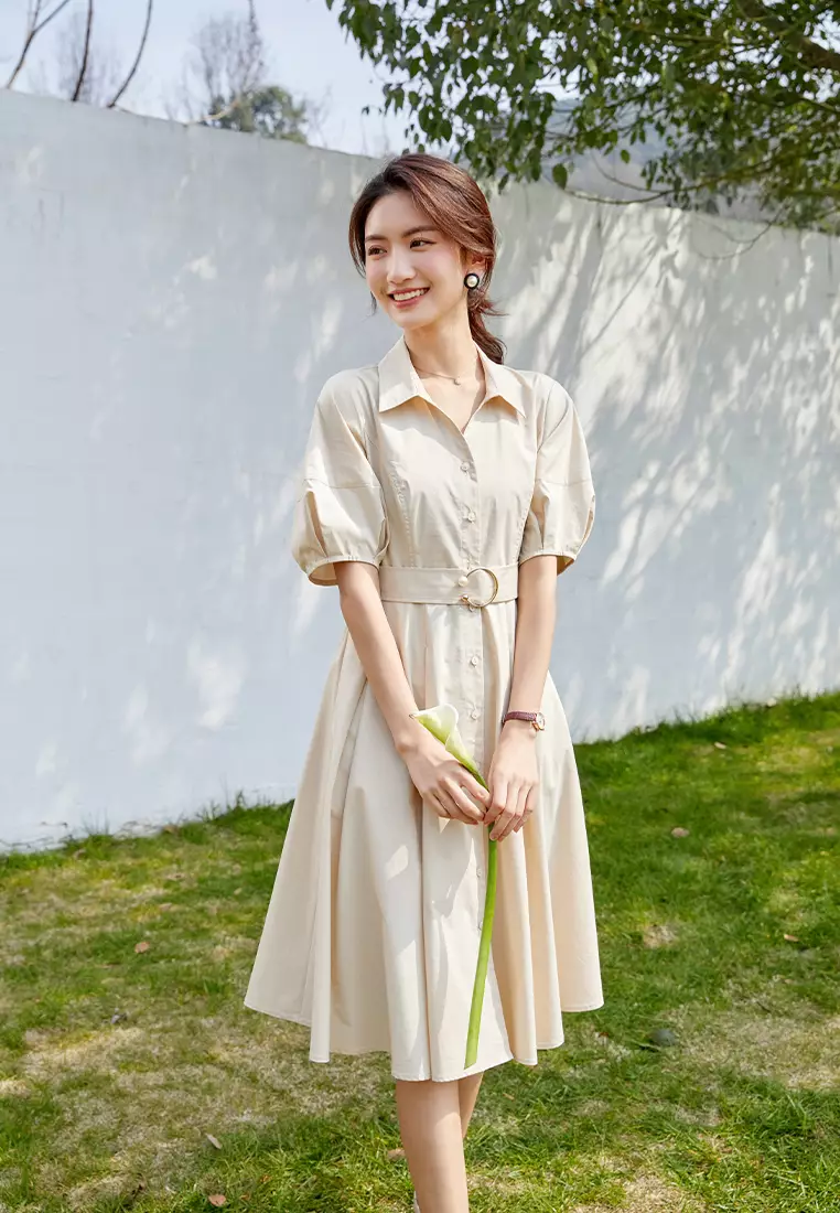 A-Line Waist Belt Shirt Dress