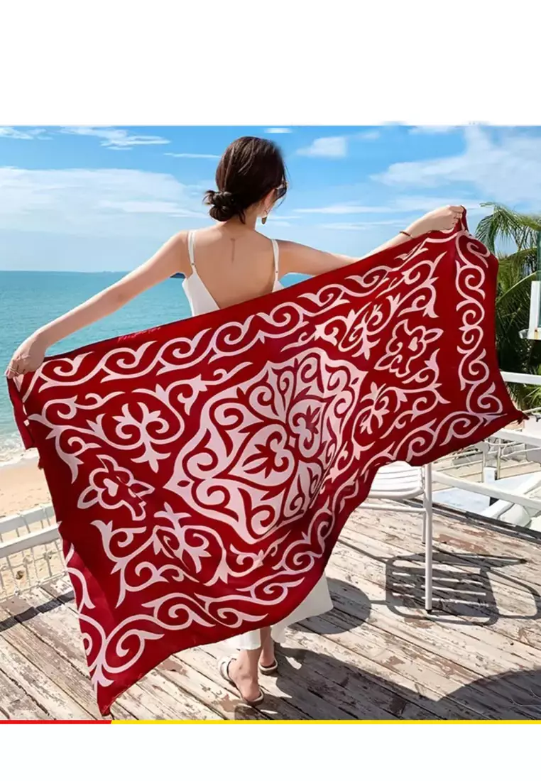 Aksesoris Wanita Boho Style Pattern Tassels Viscose Shawl Syal Wanita Burgundy