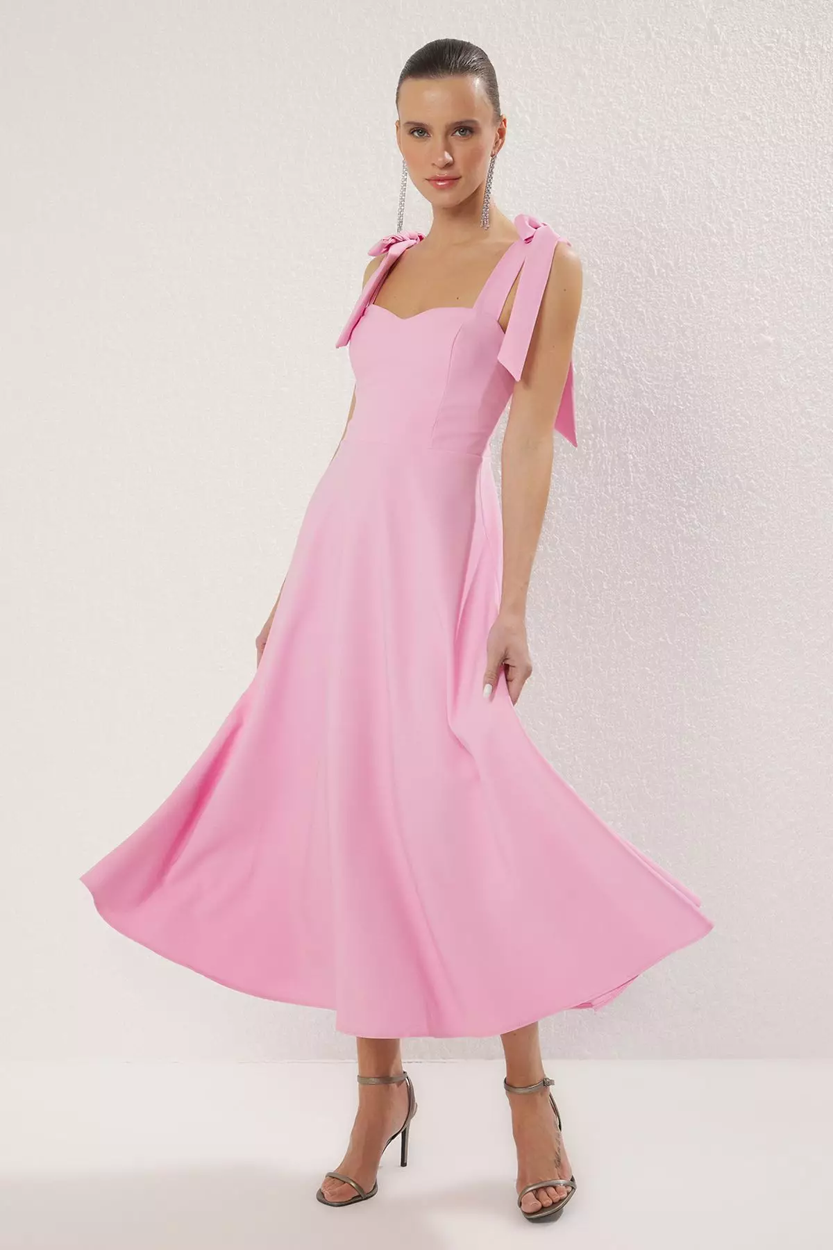 Pink A-Line Strap Detailed Woven Evening Dress Graduation Dress TPRSS24EL00251