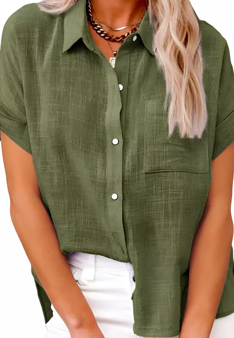New Top Cotton And Linen Pocket Short-Sleeved Shirt