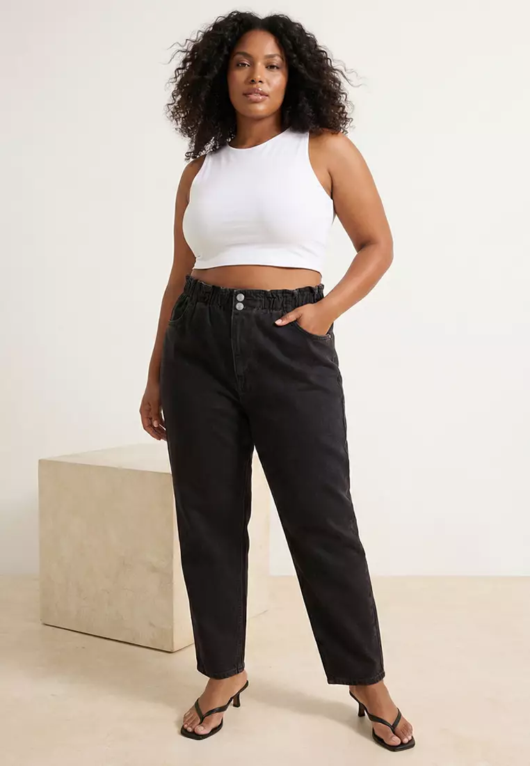 Brown High Waist Elastic Waistband Plus Size Mom Jeans Tbbaw23Je00002