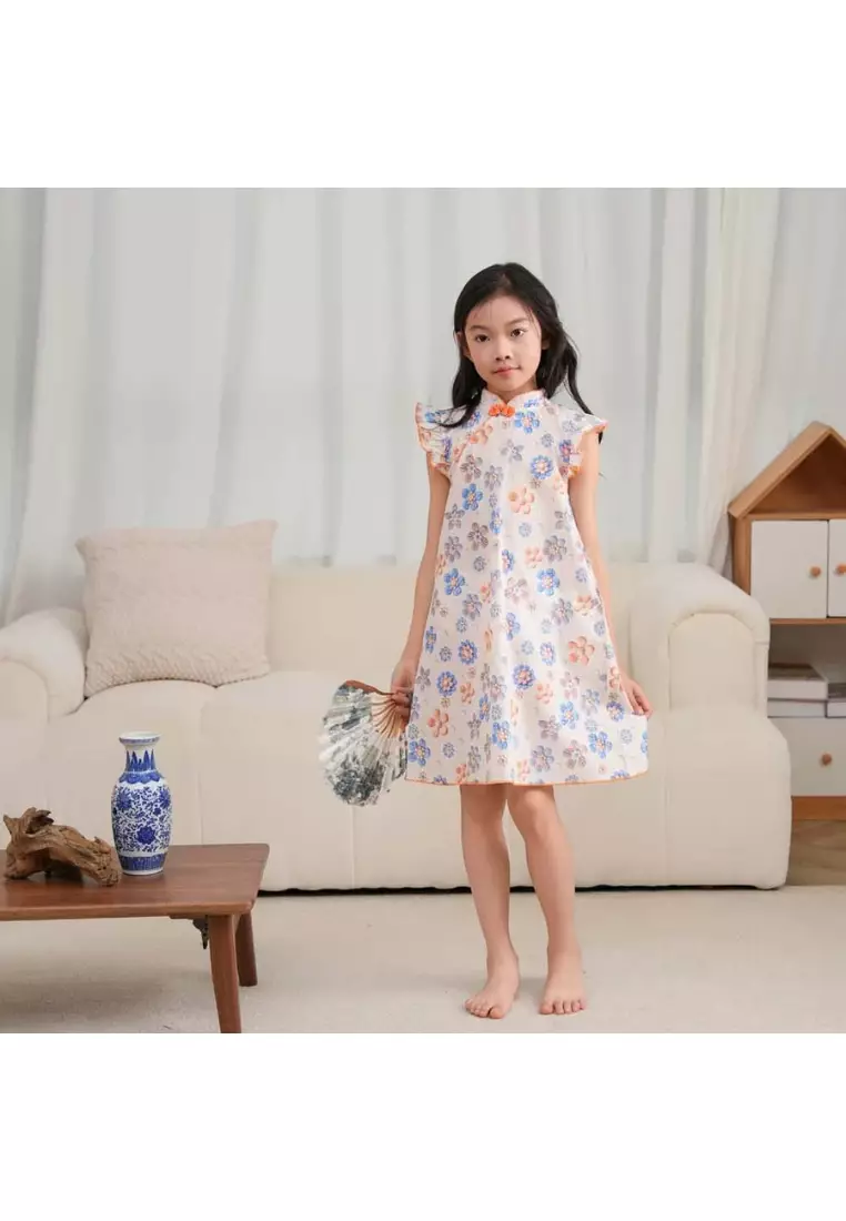 藍色花朵嬰兒女童旗袍連衣裙0848