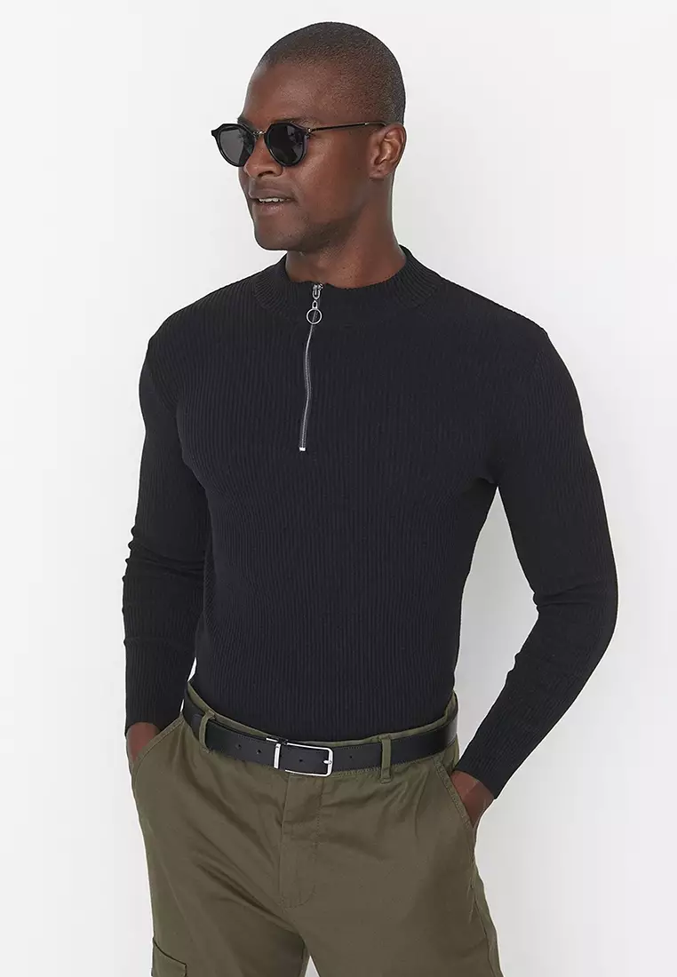 Slim Fit Half Turtleneck Zipper Corduroy Sweater