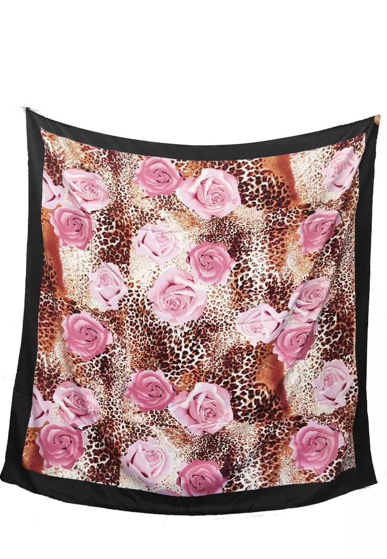 Leopard & Roses Hijab Scarf Segi Empat Kerudung Silky Satin Square Scarf Black & Multi