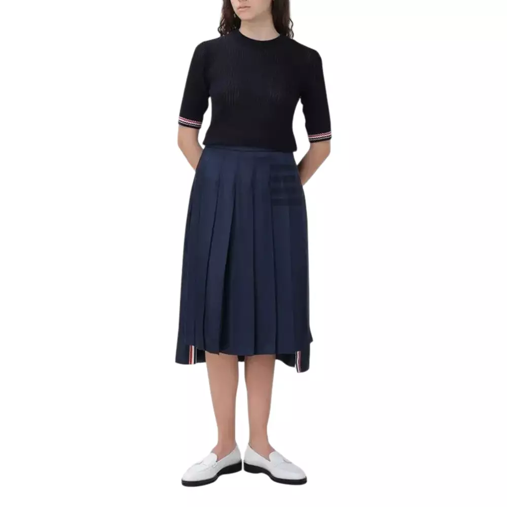 [4.4PRIL KEJUTAN HARGA] 4-Bar Midi Pleated Silk Twill Skirt Navy