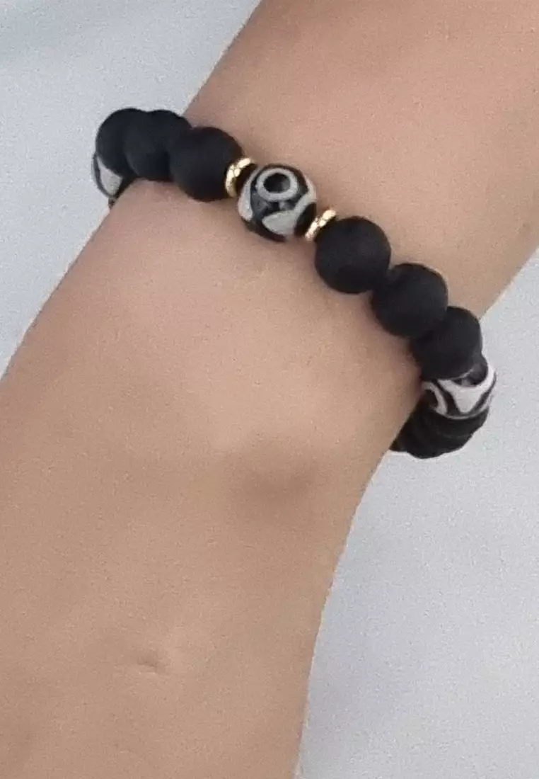 Aksesoris Wanita Obsidian Beads Tribal Agate Macrame Bracelet Gelang Wanita Black & Gold