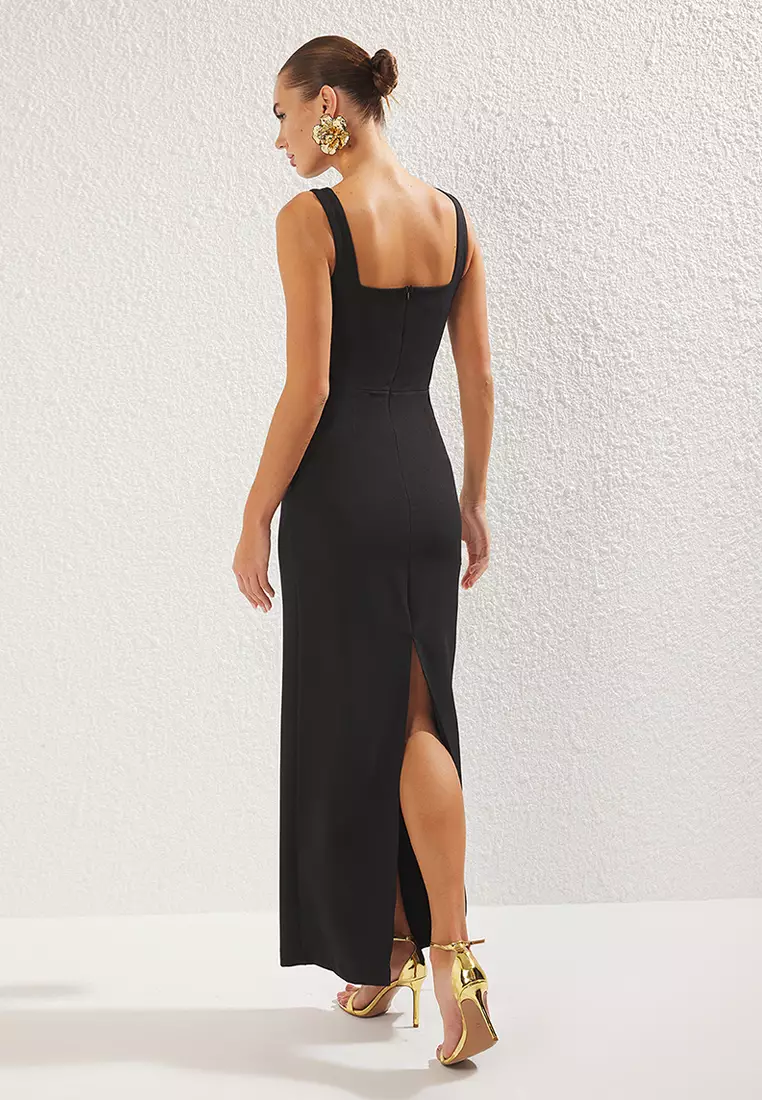Black Accessory Detailed Woven Long Elegant Evening Dress Graduation Dress TPRSS25AE00079