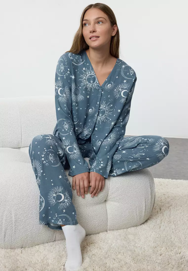 Women's Couple Blue Galaxy Patterned Viscose Woven Pajama Set