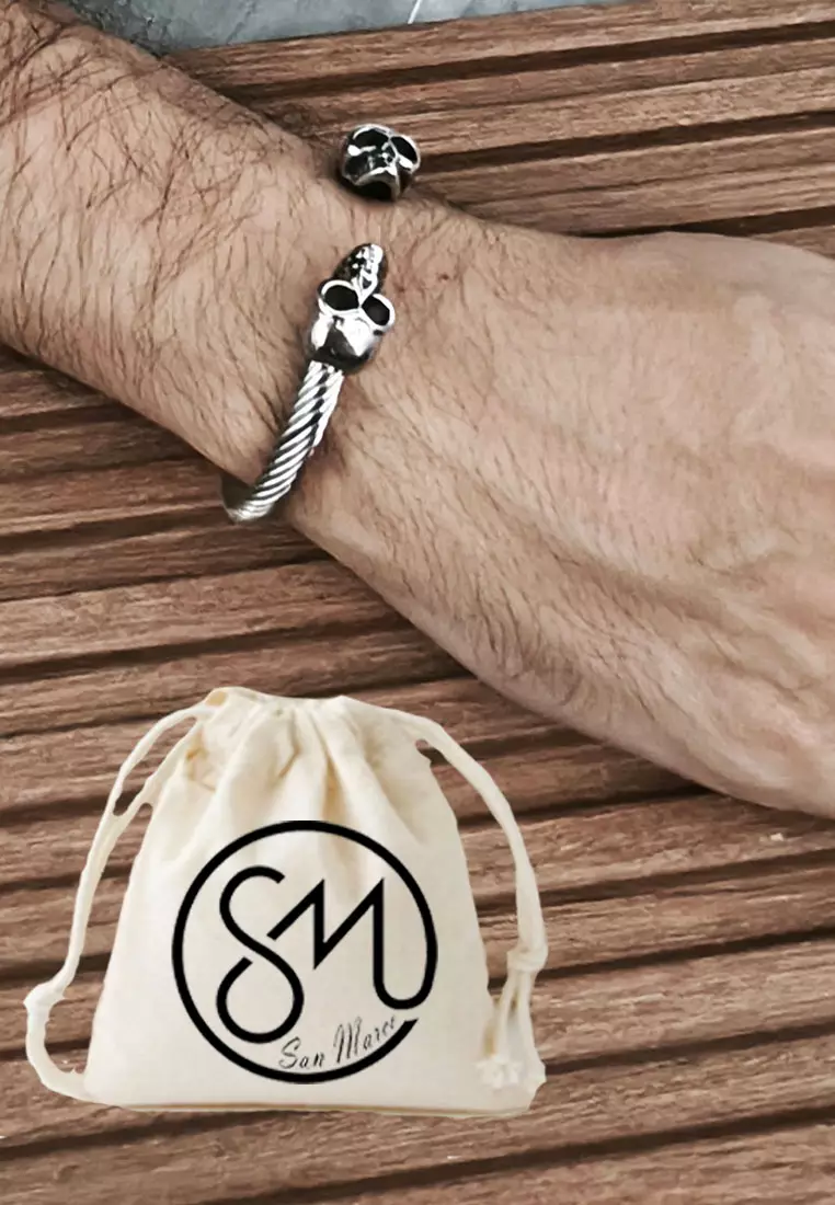 Aksesoris Gelang Pria Skull Heads Stainless Steel Bracelet Silver