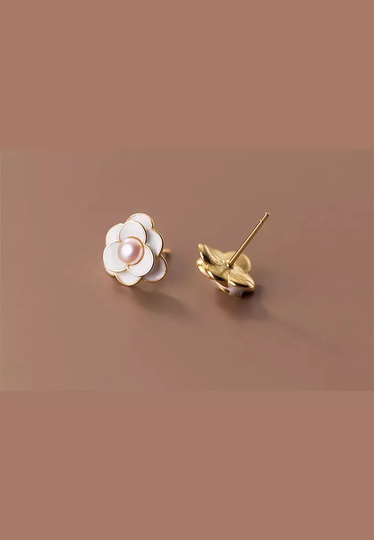 925 Silver Plated Gold Freshwater Pearl Floral Earrings JW AR-M01882